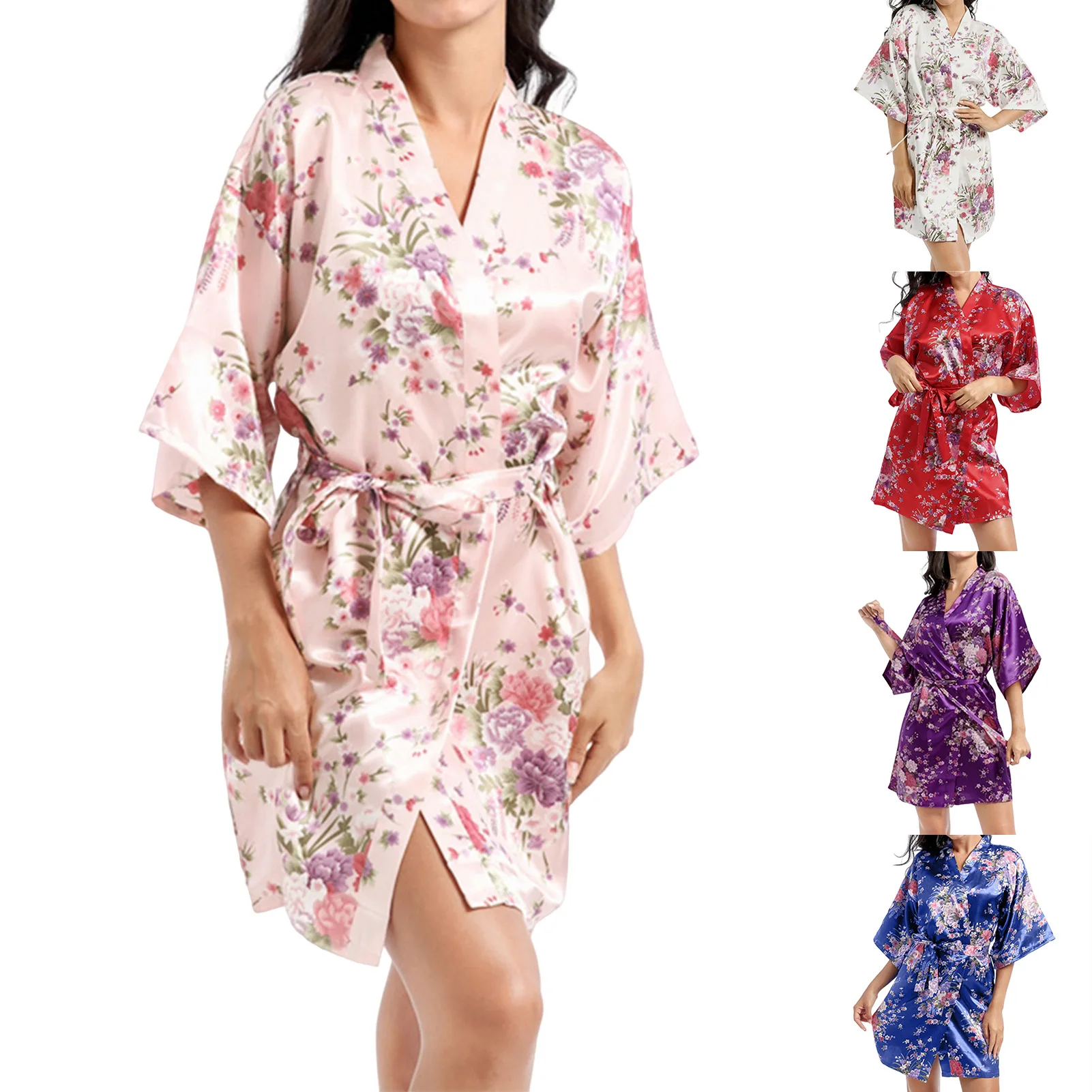 

Satin Bathrobe Japanese Style Ladies Floral Printed Summer Cardigan Robe Traditional Slim Fit Long Sleeve Sleepwear Outfit