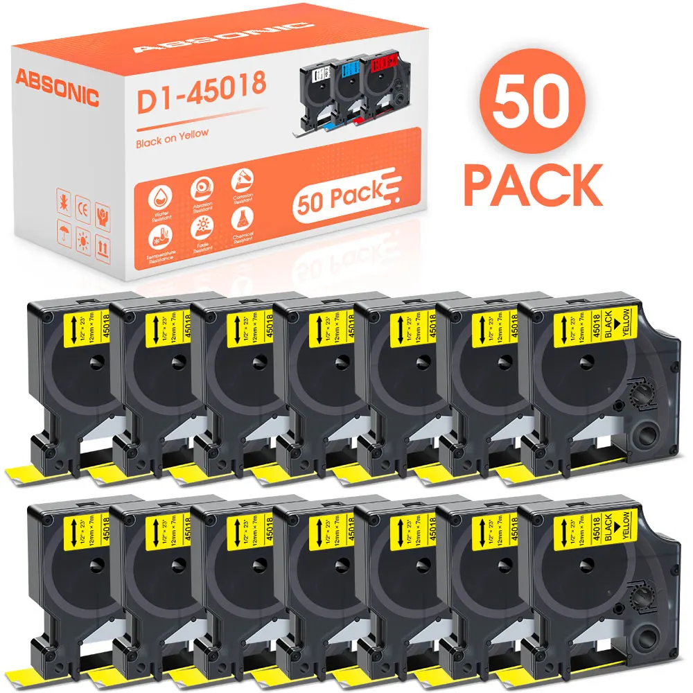 

50PK 45018 Black on Yellow Compatible for Dymo D1 Tapes 45018 Cassette Ribbon fit for Dymo LabelManager 160 280 Labeling Mahcine