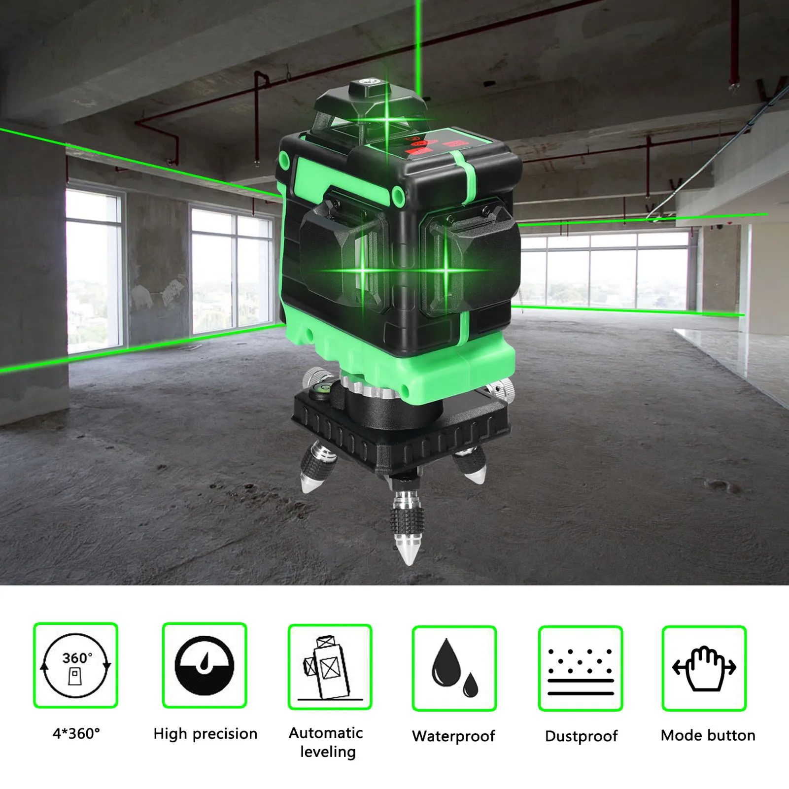 

3D 12 Lines Laser Level 360 Self-Leveling Horizontal And Vertical Cross Powerful Green Laser Beam Line With Bracket Battery