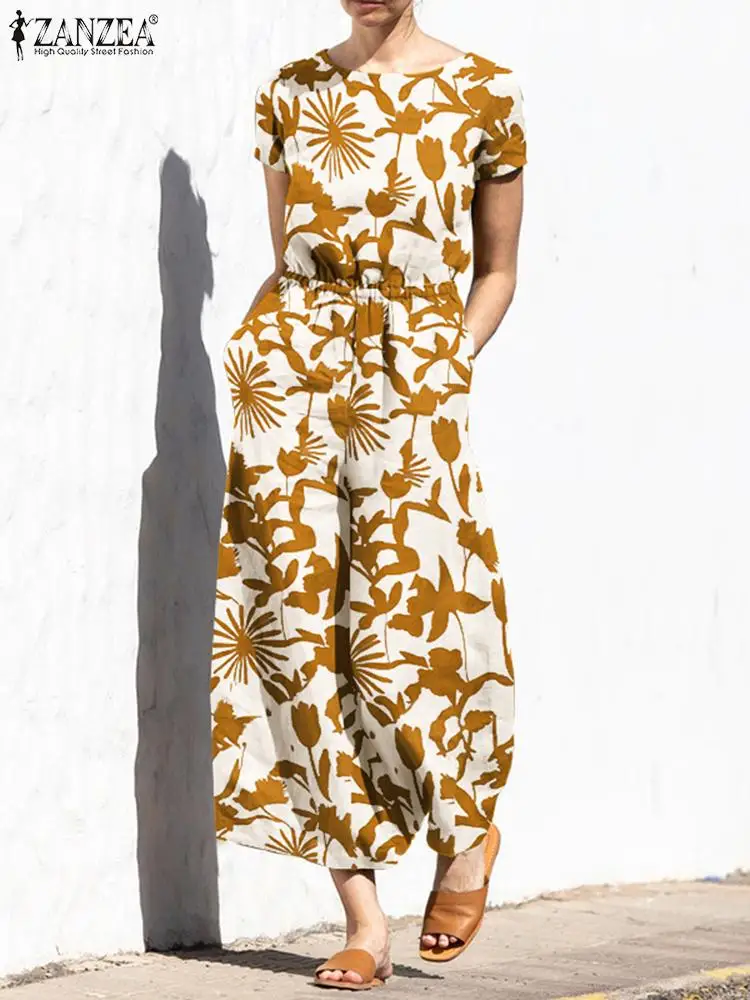 

Oversized Women Summer Jumpsuits 2022 ZANZEA Kaftan Printed Overalls Casual Short Sleeve Playsuits Femlae O Neck Rompers Pants