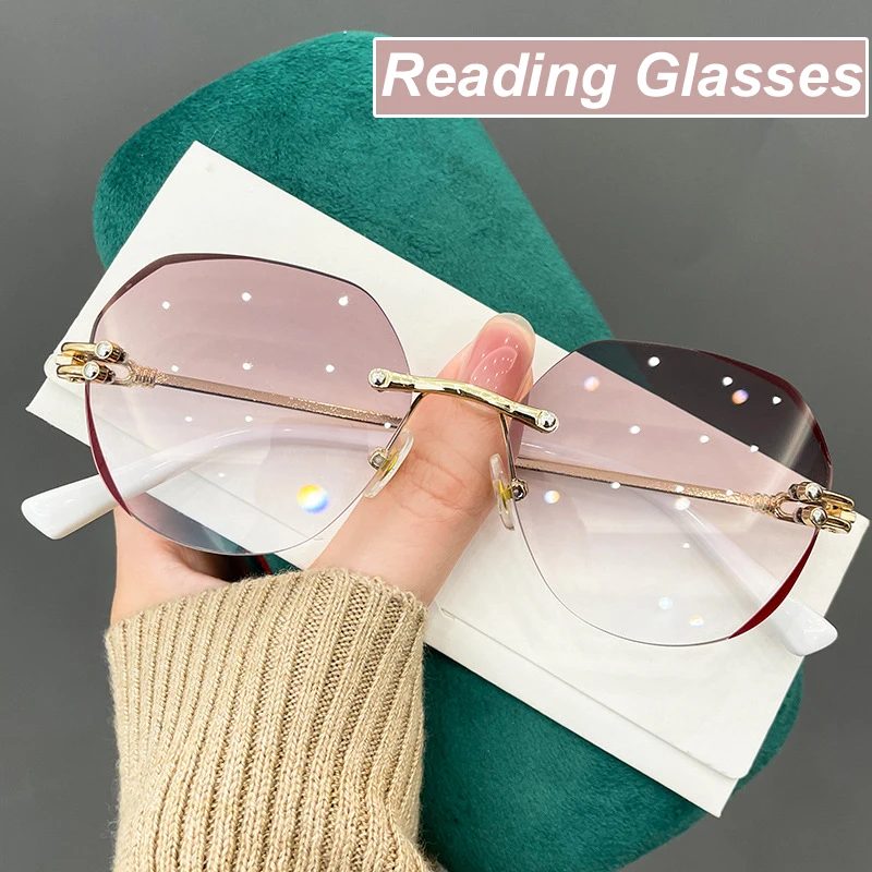 

Очки для чтения для женщин и мужчин, аксессуар без оправы для дальнозоркости, с прозрачными градиентными линзами синего цвета, дамские