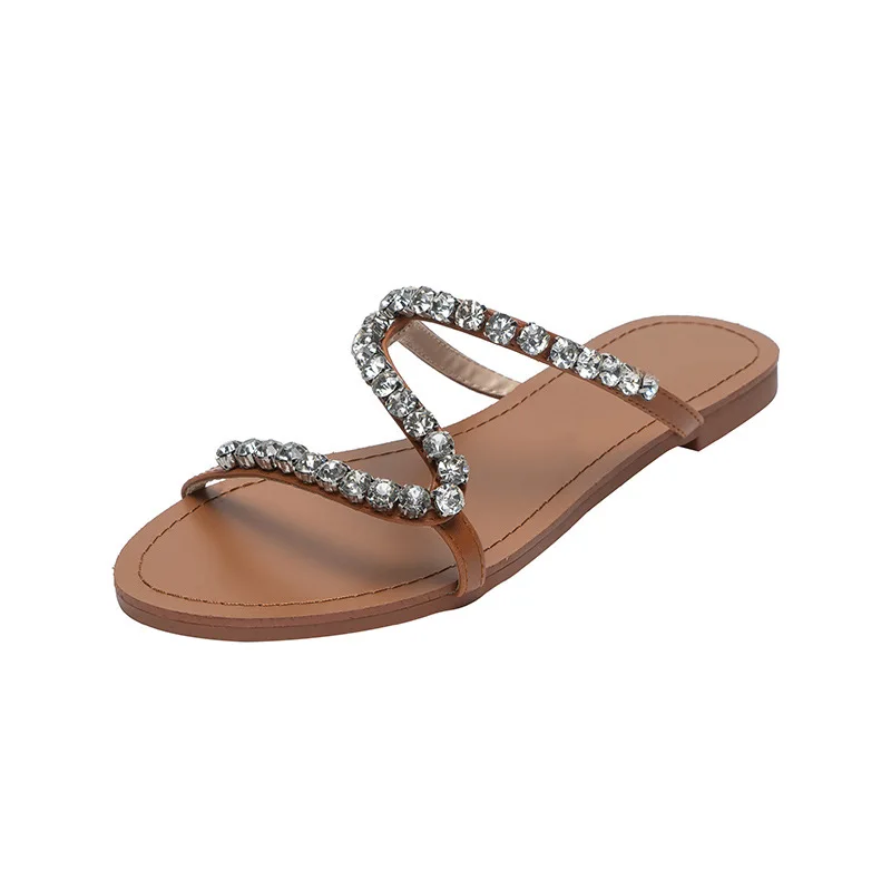 

Женские шлепанцы с вырезами, плоская подошва, сланцы, модная пляжная обувь с яркими бриллиантами, большие размеры