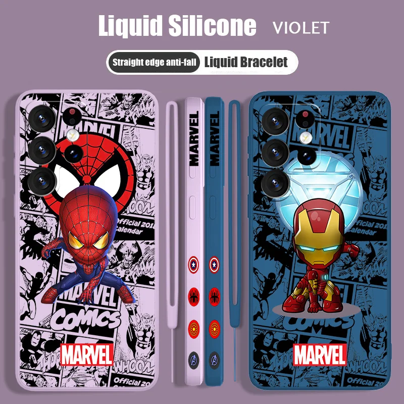 

Marvel Cute Avengers Phone Case For Samsung S23 S22 S21 S20 Fe S10 Note 20 10 Ultra Lite Plus Liquid Left Rope Cover