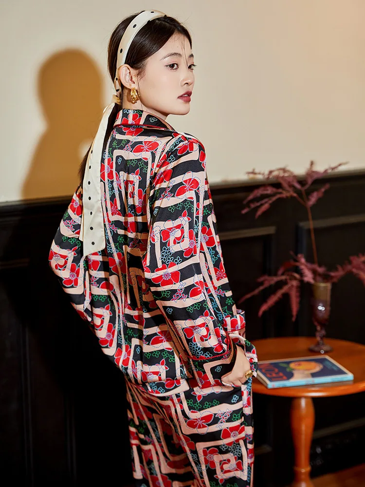 Long Sleeve Pajamas Women's Ice Silk 2022 New Fashion Print Homewear two piece set summer pajamas