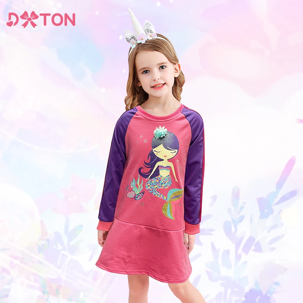 

DXTON Spring Autumn Baby Girl Dresses Mermaid Long Sleeve Cotton Dress for Kids Patchwork Toddler Dress Girls Casual Clothing