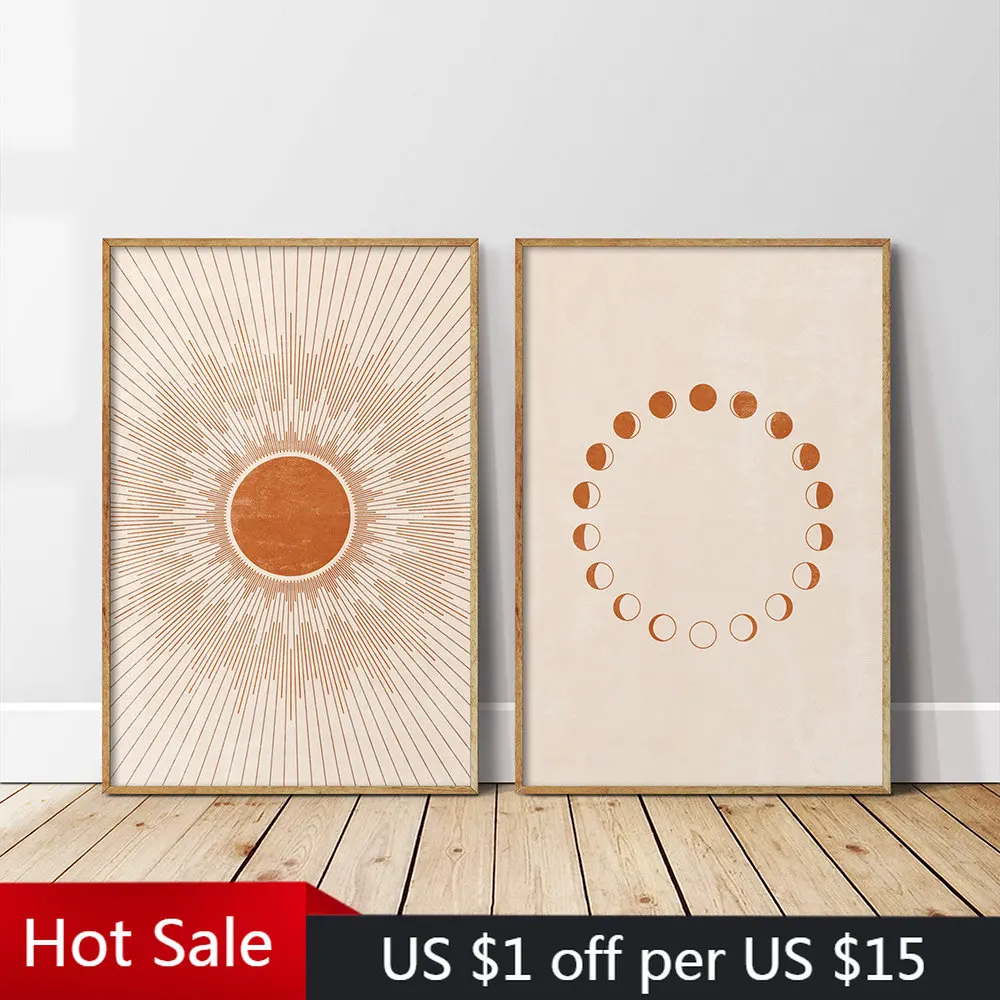 

Современный минималистичный постер среднего века в стиле бохо с принтом Солнца и Луны для спальни, Картина на холсте для гостиной, терракот...