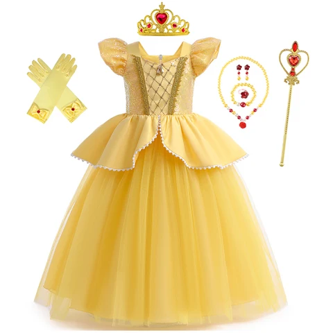 Mädchen Pailletten Prinzessin Kleider Kinder verkleiden Cosplay Belle Kostüm Schönheit und das Biest für Karneval Halloween Geburtstagsfeier