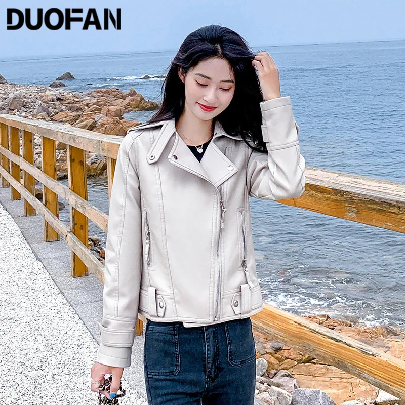 

DUOFAN Women Faux Leather Jacket Casual Biker Motorcycle Jackets Female Punk Streetwear Spring Autumn Slim Zipper Pocket Coat