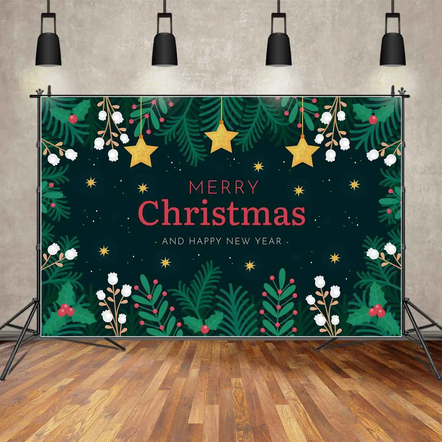 

MOON.QG Backdrop Merry Christmas Banner Children Party Decoration Photo Booth Background Gold Star Sky Green Leaves Flower Props