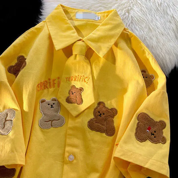 

Japanese Cute Bear Flocking Yellow Tie Short Sleeve Shirt Women Button Up Shirt Student Teens New Summer Shirt Ins Preppy Style