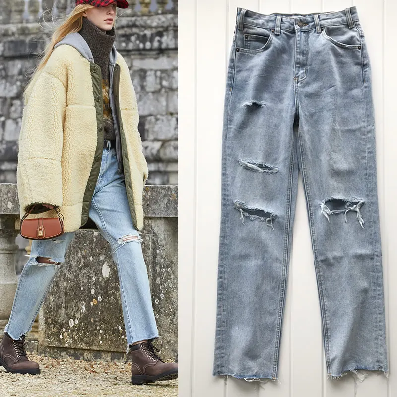 

121564 модные классические модные брендовые роскошные дизайнерские брюки светильник дырками светло-голубые Универсальные женские прямые джи...