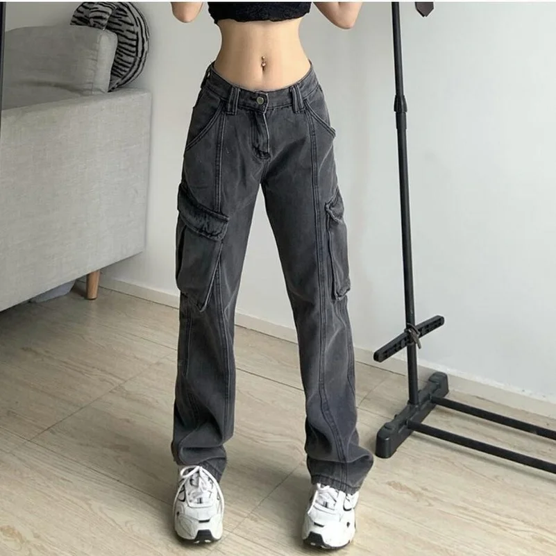 

Женские винтажные мешковатые джинсы 90-х годов, уличная одежда, брюки-карго с широкими штанинами и карманами, прямые джинсовые брюки с низкой...