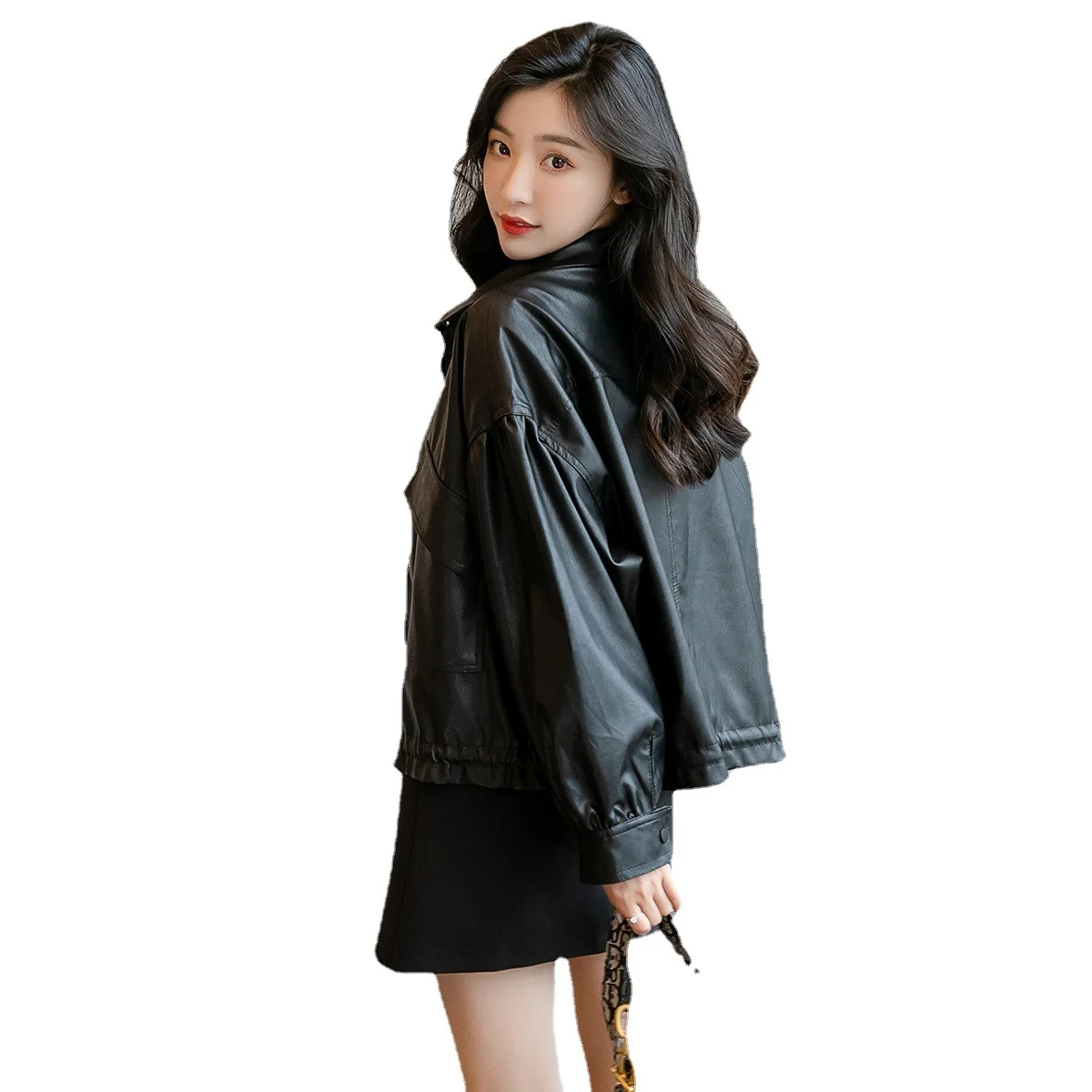 Short leather women's autumn  winter 2022 Korean fashion of long-sleeved single-breasted hooded brown loose leather women