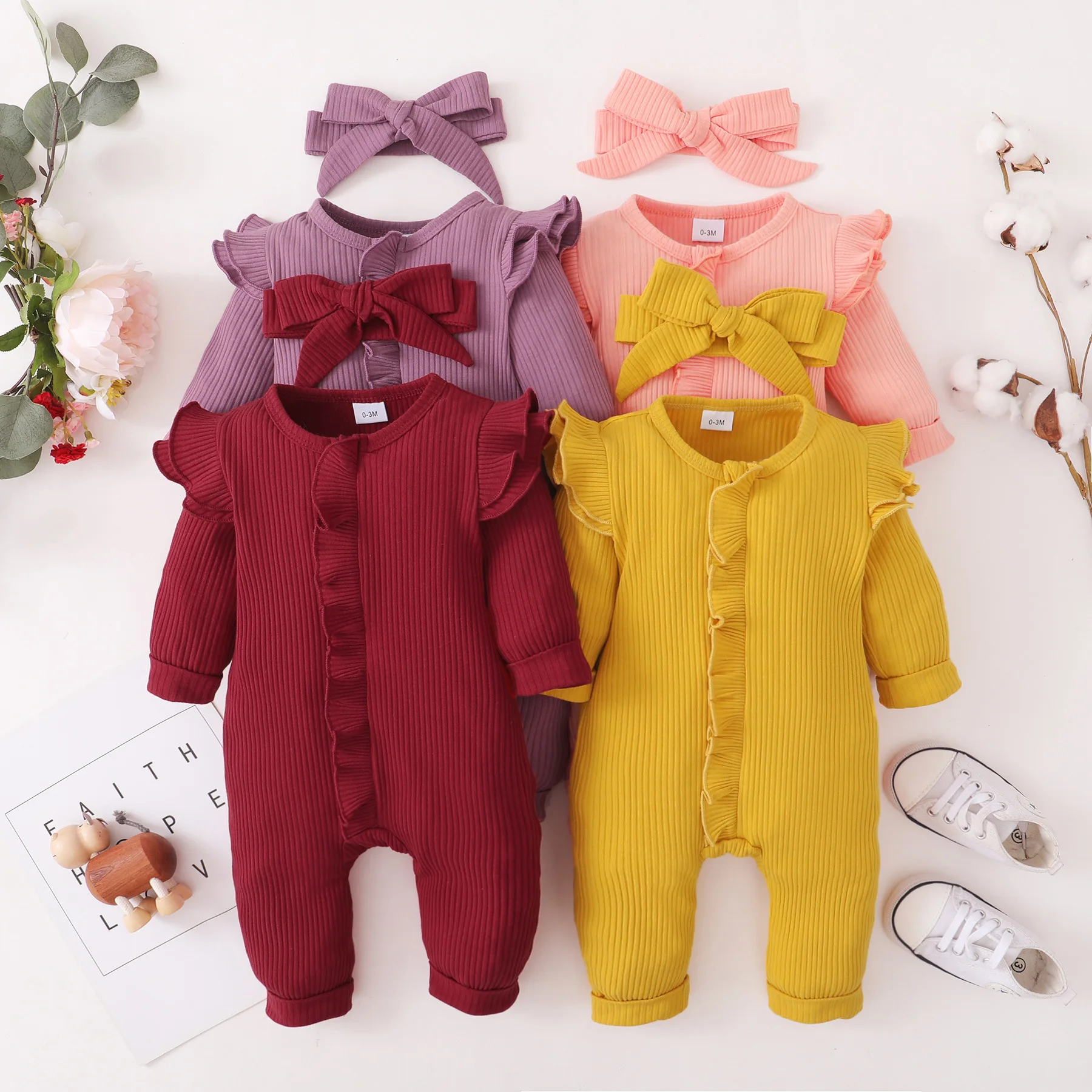 

0-18m New Born Baby Girl Clothes Toddler Spring Outfits Children Solid Jumpsuit + Headdress Infant Casual Long Sleeve Romper