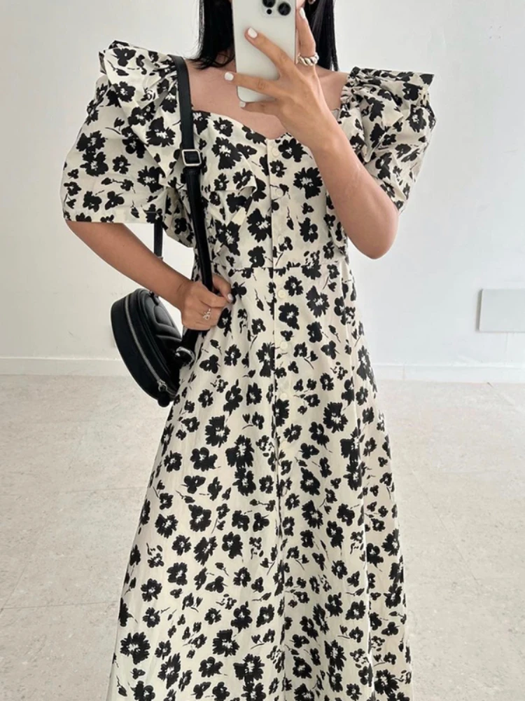 

Gaganight Women Lotus Leaf Collar Flower Printed Dress 2022 Korean Summer Elegant Waist Slim Puff Sleeve Split Dresses Female