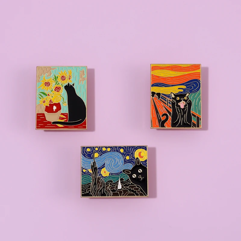 

Oil Painting Starry Sky Van Gogh Enamel Pins Metal Lapel Badge for Backpack Clothes Cute Black Cat Flowers Brooches for Friends