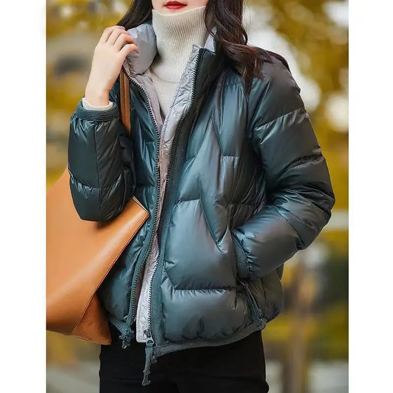 Padded Jacket Women's Short 2022 New Bright Down Padded Jacket Korean Version Loose Stand Collar Thickened Coat Padded Jacket