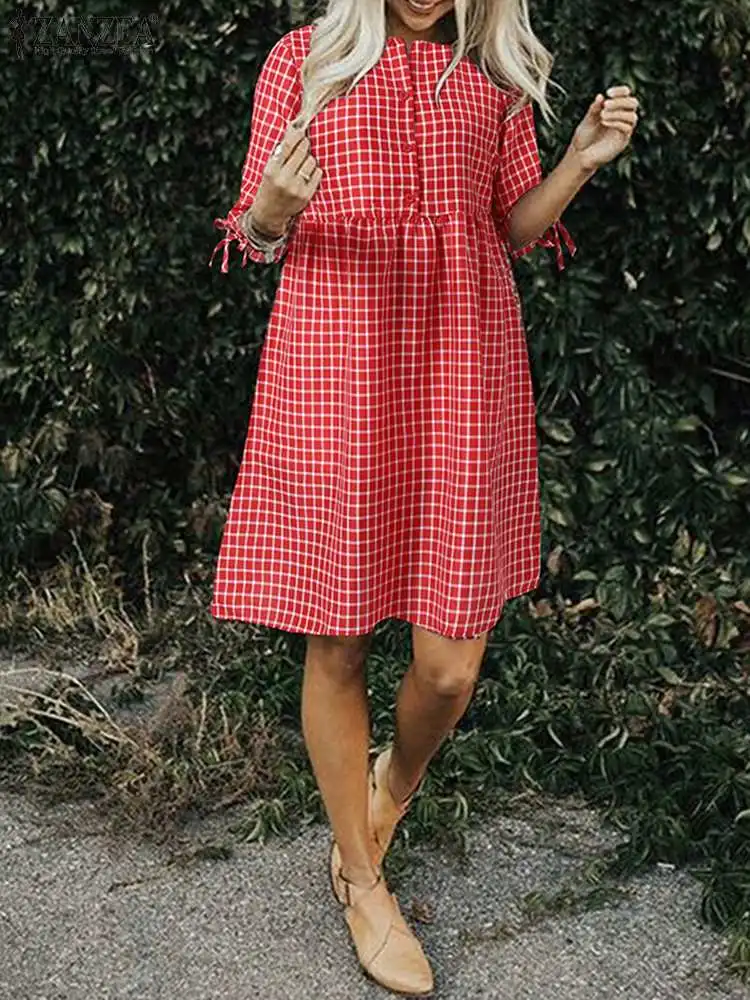 

Bohemian Women Short Sleeve Plaid Checked Sundress 2022 ZANZEA Summer Casual Knee-length Beach Dress Robe Femme Vintage Vestidos