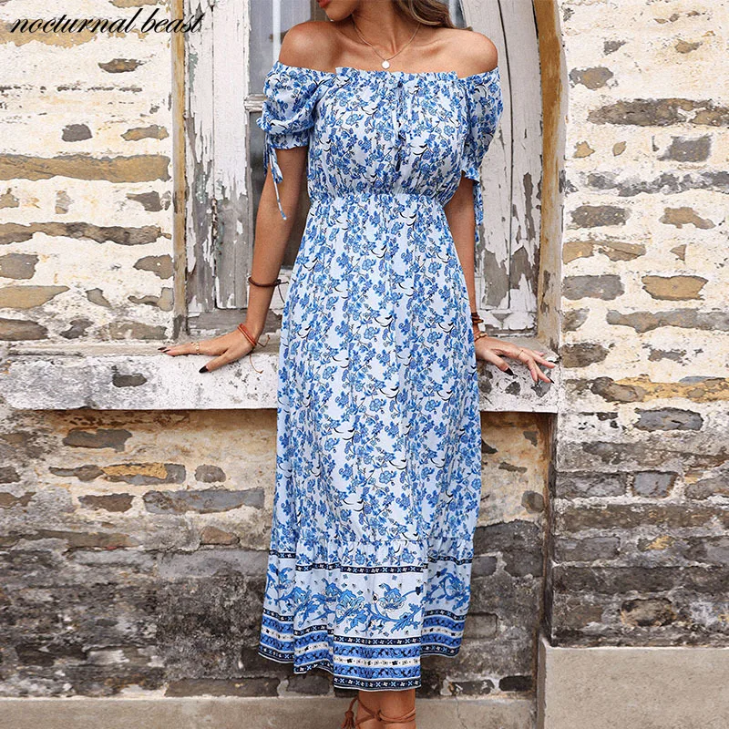 

2022 Women's Dresses Free Shipping Vintage Casual Print High Waist Off Shoulder Blue Party Dress Korean Dress