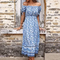 2022 womens dresses free shipping vintage casual print high waist off shoulder blue party dress korean dress