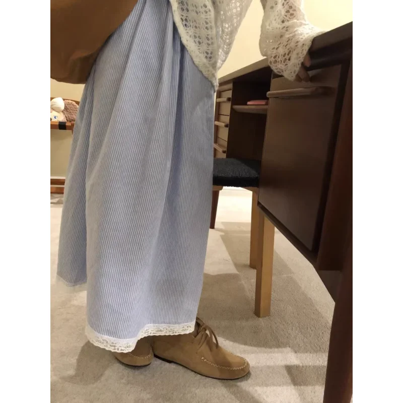 

2023 Summer Vintage Korean Retro High Street Low Waist Blue Striped Patchwork Lace Skirt Streetwear Fashion Skirt