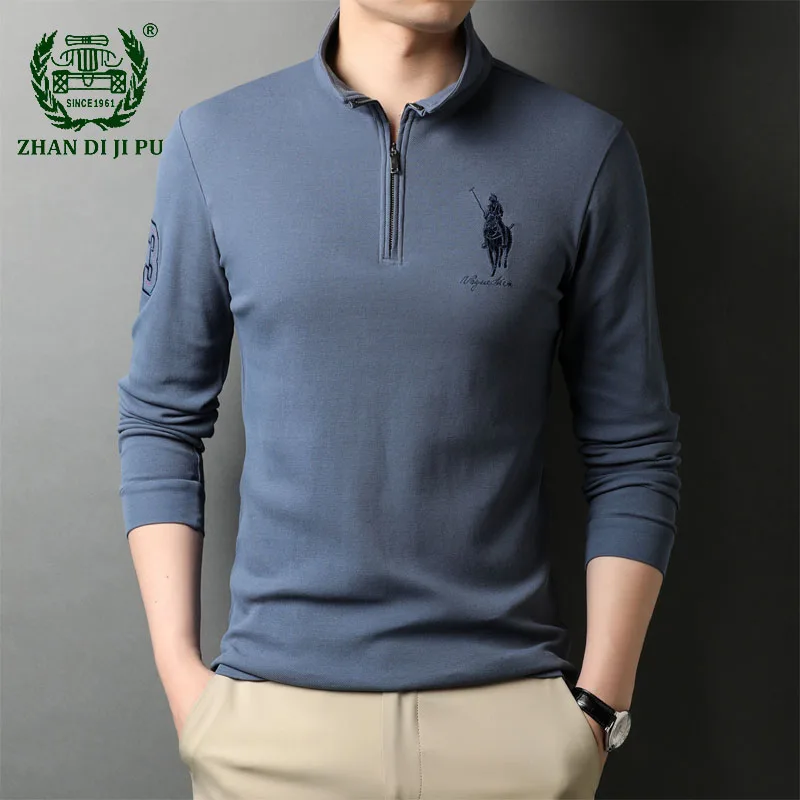 

100% Cotton Long Sleeve Polo Shirts Mens 2022 High End Fashion Brand Designer Pattern Embroid Polo Shirt Male Casual Tops Black