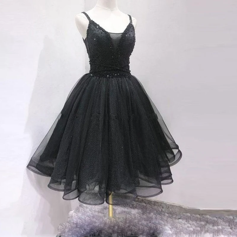 

2022 Black Homecoming Dress Spaghetti Strap Sweetheart Occasion Puffy Tulle Beading Party Evening Dress Robe De Soirée