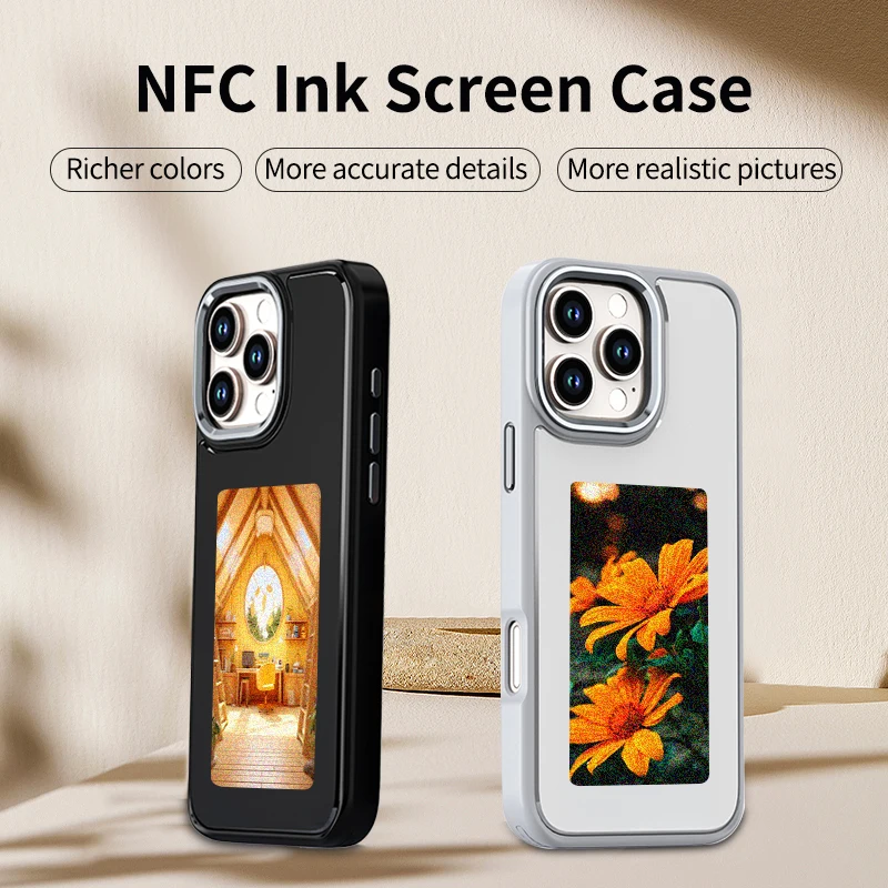 Фото Чехол для телефона с NFC и E-ink экраном, 4 цвета, передача изображений, 3.97 дюйма, для iPhone 16, 15, 14, 13 Pro Max, DIY чехлы с E-ink, чехол для iPhone с E-ink. №2