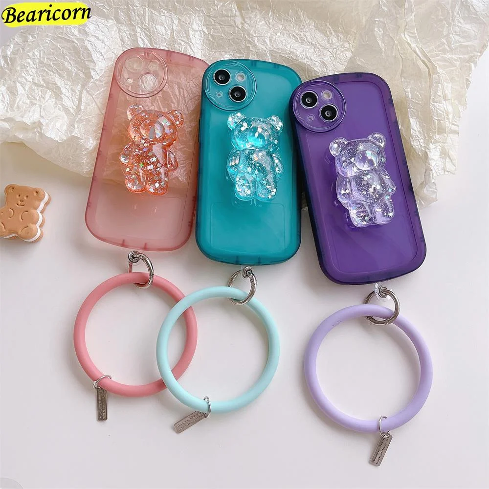 

INS Transparent Solid Color Phone Case For Xiaomi mi 10s 11 11i 11x Poco F2 F3 X2 12X 12 Pro Round Wristband Bear Bracket Cover