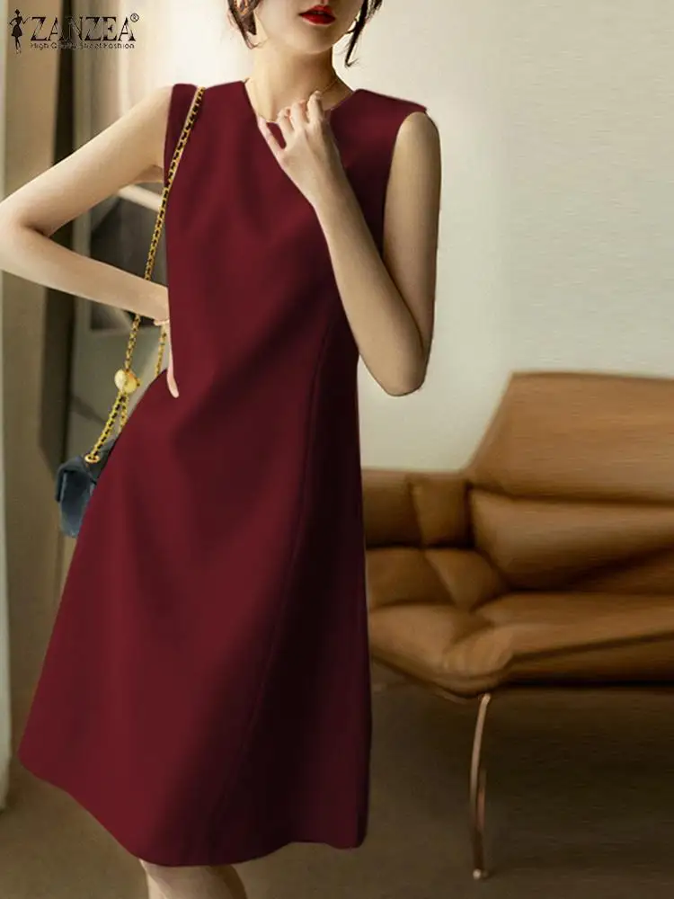 

ZANZEA Sleeveless O-Neck Solid Color Back Zipper Sundress Women Summer Elegant Dress Holiday Fashion Casual Loose Robe 2022
