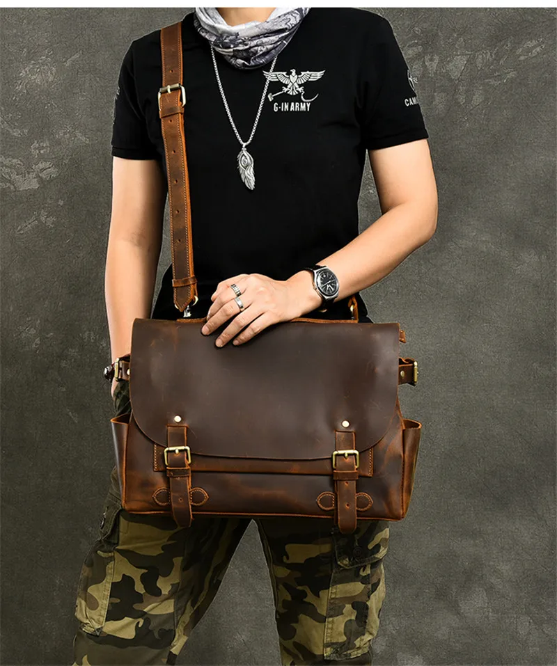 Business vintage natural crazy horse cowhide men's briefcase handmade genuine leather handbag work laptop shoulder messenger bag