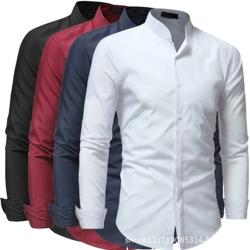 

2022 Spring Fashion New Men's Casual Solid Color Simple Stand Collar Slim Fit Long Sleeve Men's Shirts