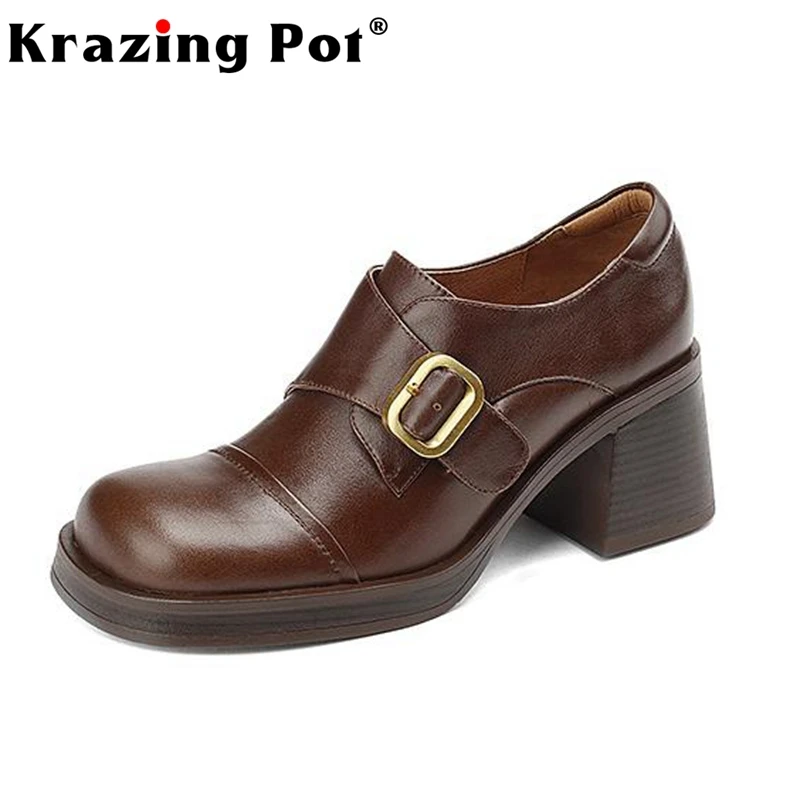 

Туфли Krazing Pot из натуральной кожи на толстом высоком каблуке с круглым носком, Повседневная Ретро-обувь для отдыха, ремешок с пряжкой, брендовые туфли-лодочки, размеры 40, на весну