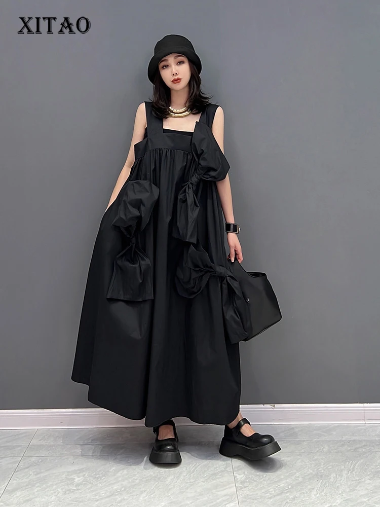 

XITAO Black Dress Small Fresh Sleeveless Goddess Fan Patchwork Pleated Ruffle 2022 Minority Elegant Loose Dress WLD7014