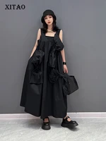 xitao black dress small fresh sleeveless goddess fan patchwork pleated ruffle 2022 minority elegant loose dress wld7014