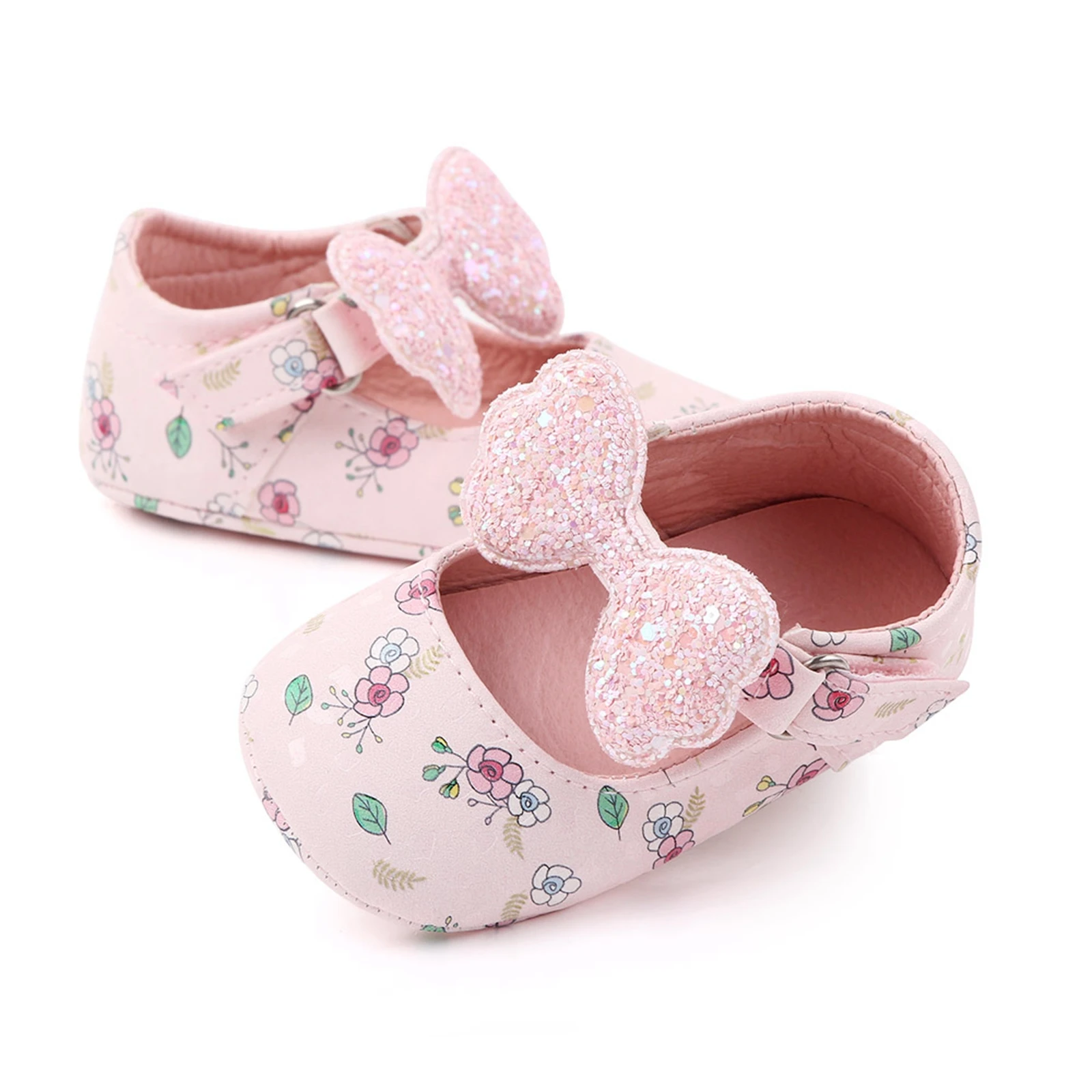 

Listenwind 0-18M Newborn Infant Toddler Baby Girls Shoes Cute Flower Print Sequins Bow PU Leather First Walkers Non-Slip Shoes