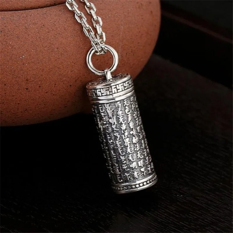 Buddhist Shurangama Mantra Sanskrit Pendant Men Openable Cylinder Urn Ash Storage Amulet Locket Necklace Religious Jewelry
