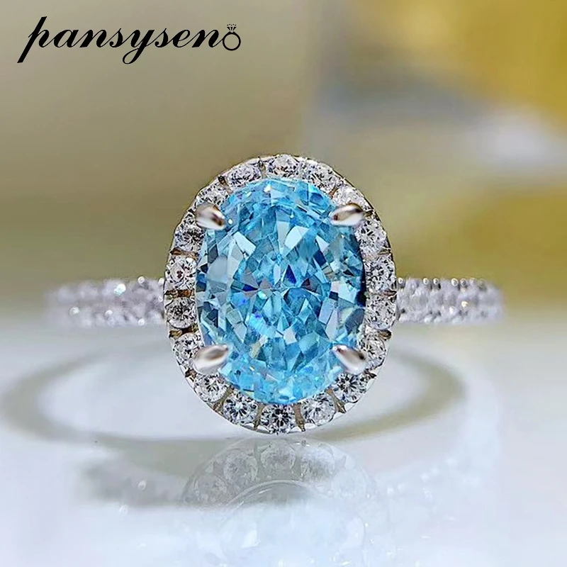 

PANSYSEN Sparkling 925 Sterling Silver 6*8MM Radiant Cut Aquamarine Diamond Gemstone Rings for Women Luxury Party Fine Jewelry