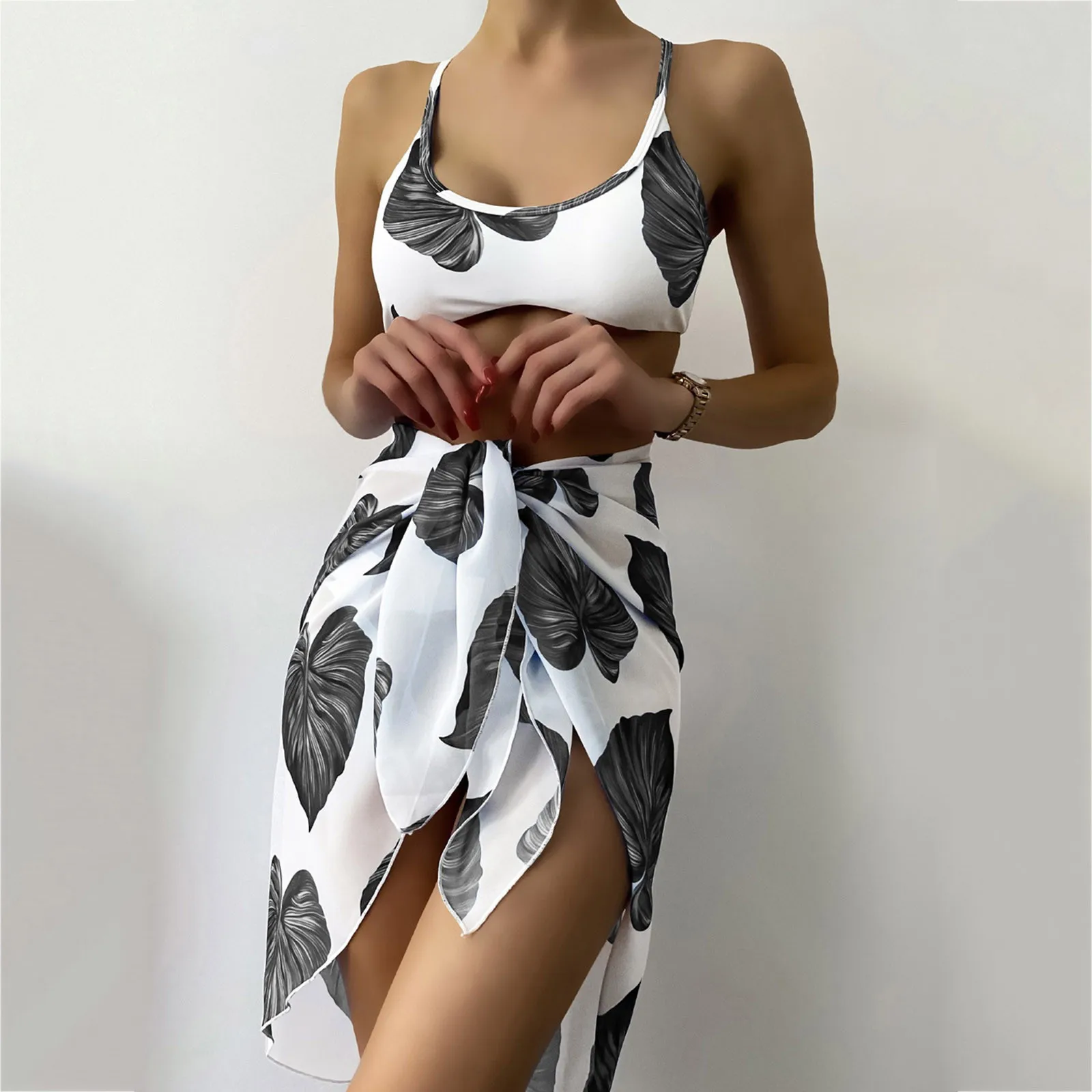 

Женский купальник-тройка с оборками, разноцветная Регулируемая юбка с лямками на плечах, модель 2022 года, 3 шт.