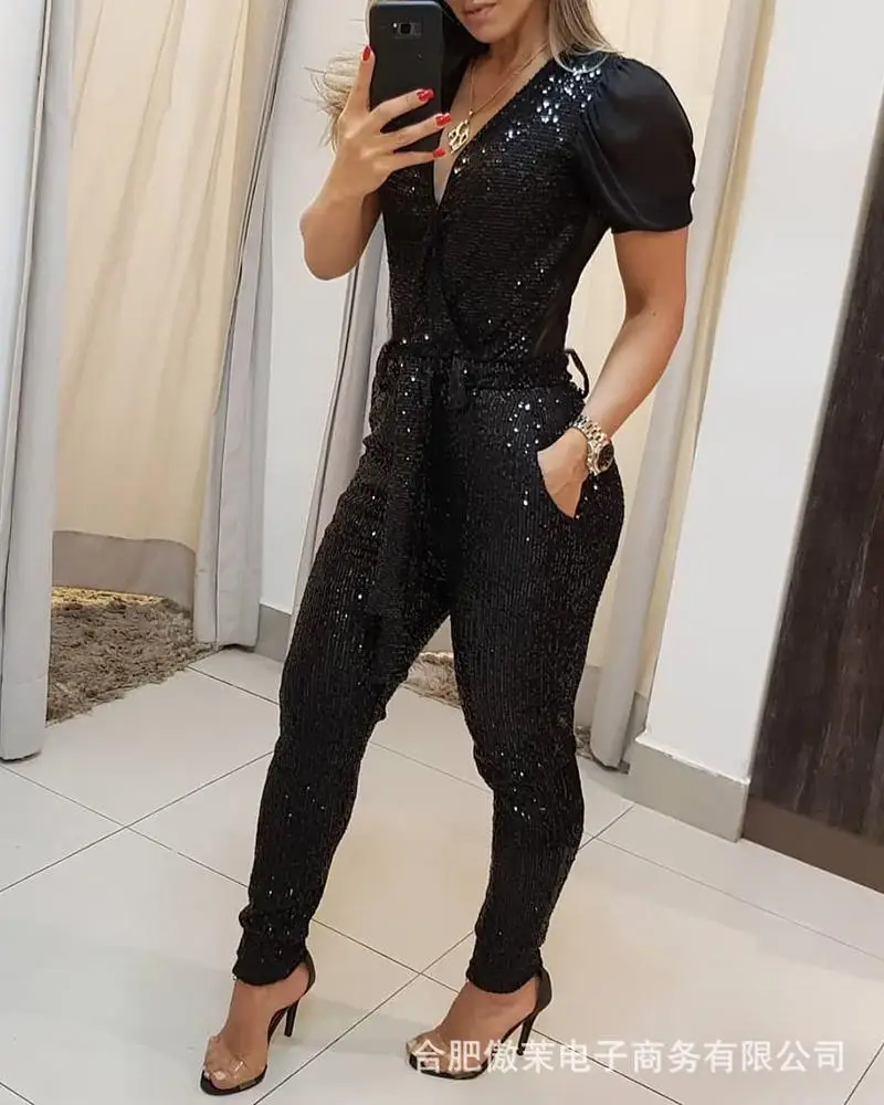

European And American Women's Black Short Sleeved Deep V Sequins Jumpsuit