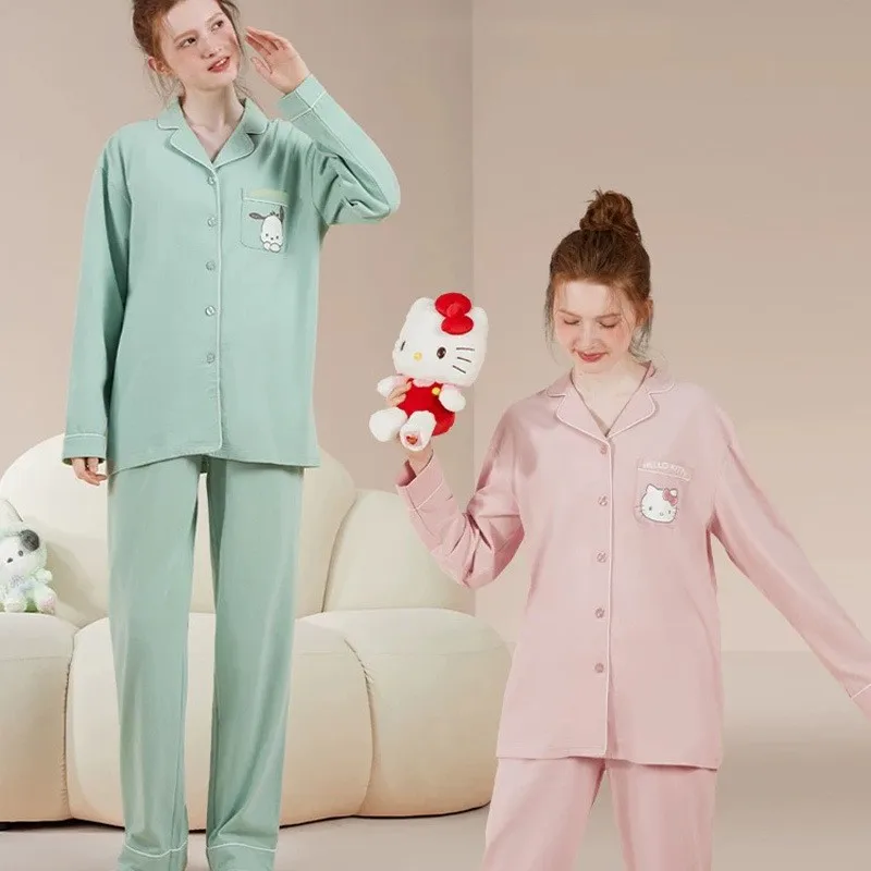 

Kawaii Sanrios милый Hellokitty элегантный костюм из мягких брюк с длинным рукавом комплект для девочек кардиган с лацканами Хлопковая пижама