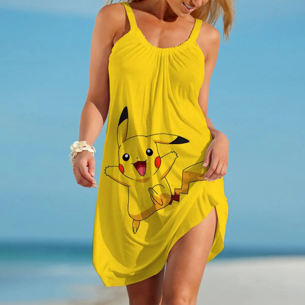 

Женские платья-миди без рукавов 2023, пикантное свободное платье в стиле Покемон, бохо, на бретельках, женские летние сарафаны, Пикачу, Y2 K, элегантное женское платье