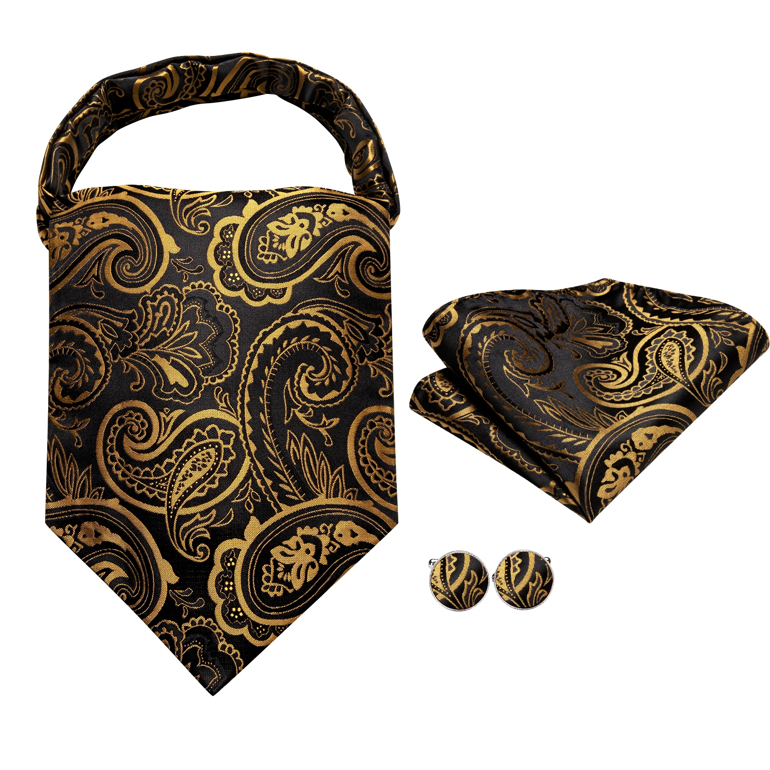 Hi-Tie Jacquard Silk Gold Black Paisley Mens Shirts Ascot Set Long Sleeve Shirt Cravat Hanky Cufflinks For Men Wedding Office XL