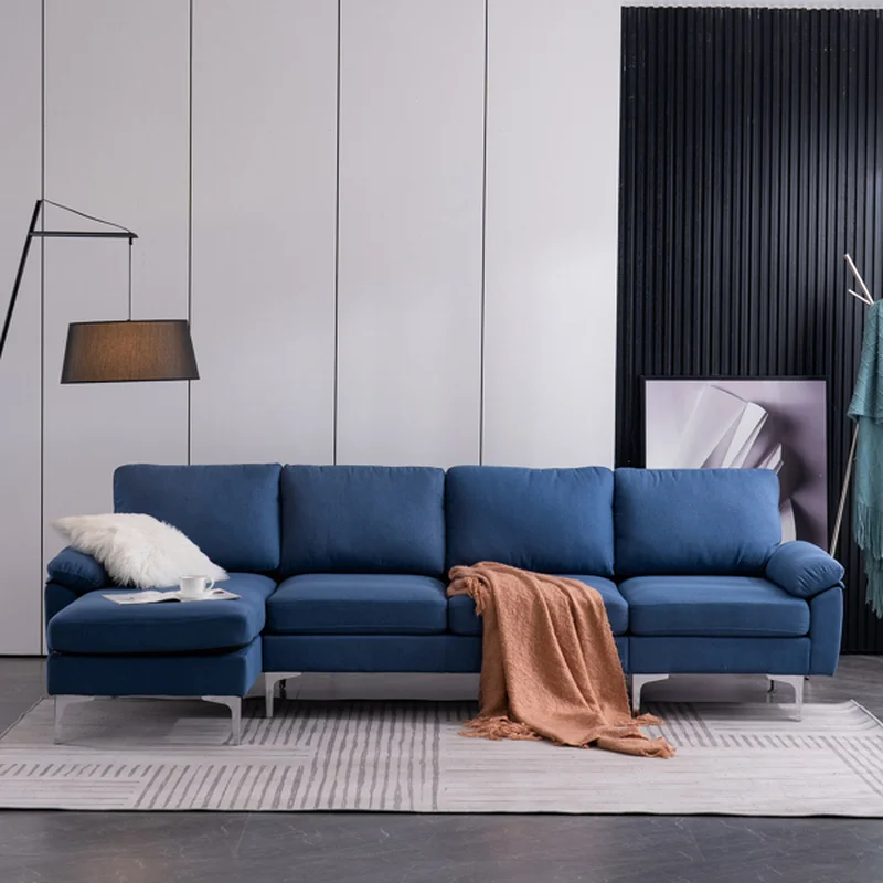

290*137*85cm L-Shaped Fabric with Chaise Iron Feet 4 Seats Indoor Modular Sofa Blue