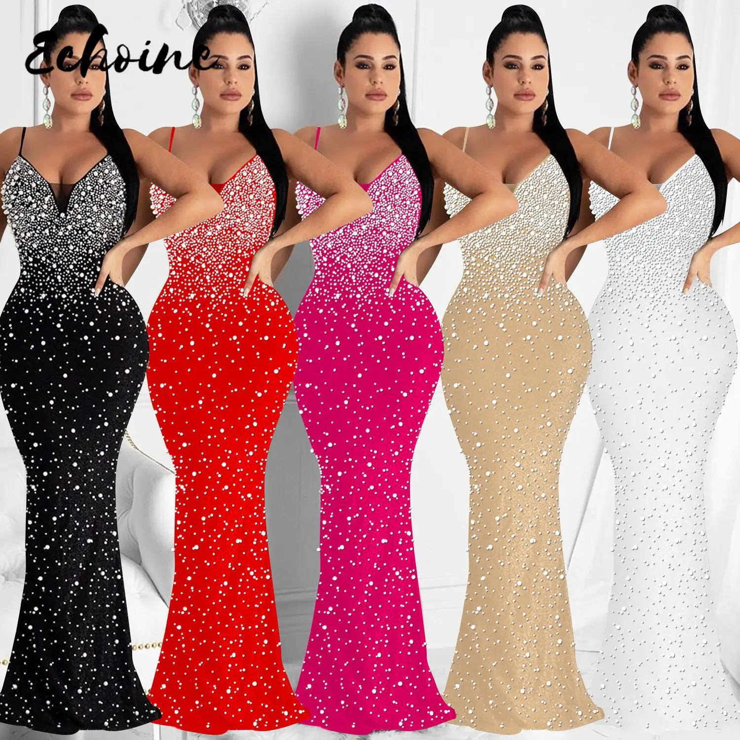 

Women Spaghetti Straps Diamond Prom Party Dresses Sexy Nightclub Drill Nail Bead Suspender Long Party Dress Elegant Women Frocks