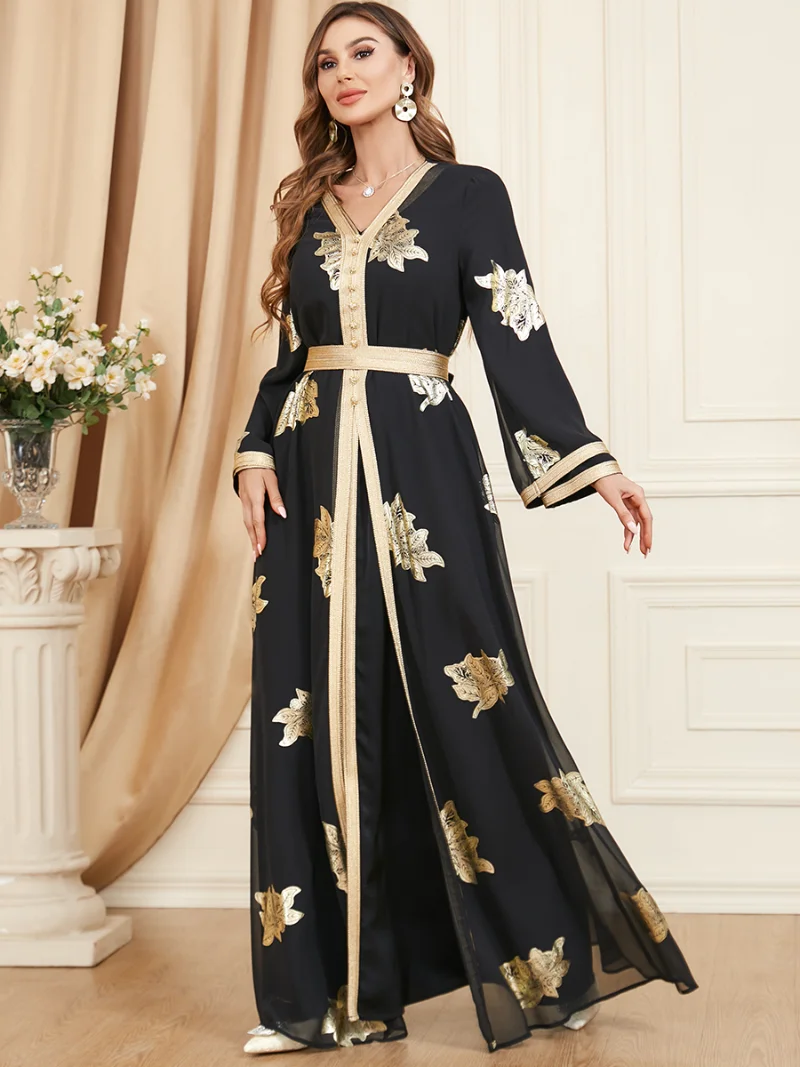 Elegant Casual Women's Dresses Abayas For Women Muslim 2 Pieces Set Printed Lace Tape Belted Kaftan Ramadan Gorgeous Party Style