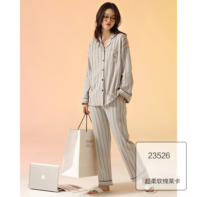 Spring and Autumn Cotton Couple Pajamas Women Turn-down Collar Long Sleeve Pajama Sets Soft Outfits Winter Men Home Clothes Suit
