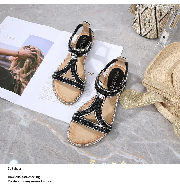 

Богемные сандалии на низком каблуке, женские летние сандалии 2022, Нескользящие сандалии с кристаллами и цветами, женская пляжная обувь на мя...