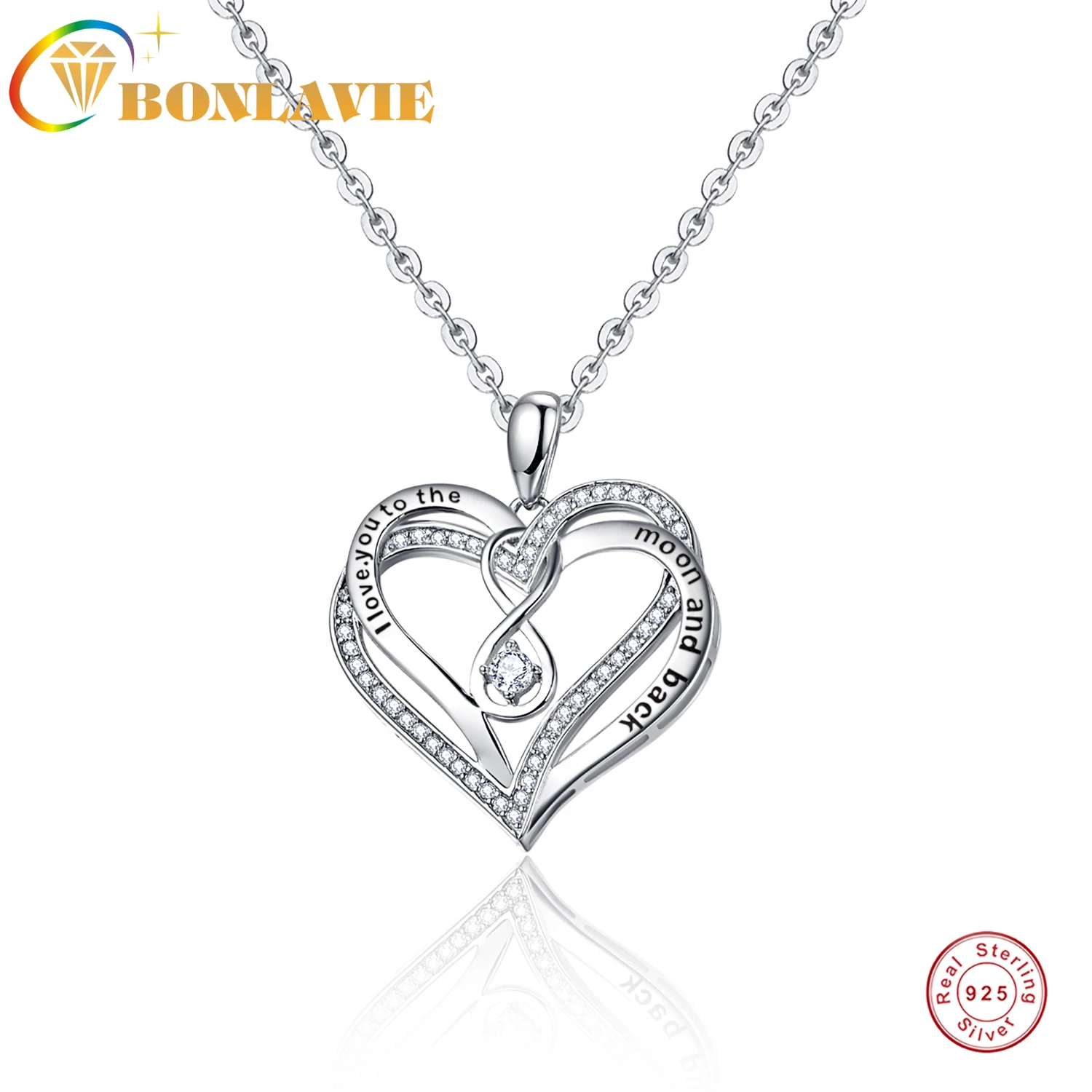 

BONLAVIE Double Heart Zircon Inlaid Figure 8 Infinite Pendant with Flash O Cross Chain Necklace 925 Silver Jewelry Wholesale