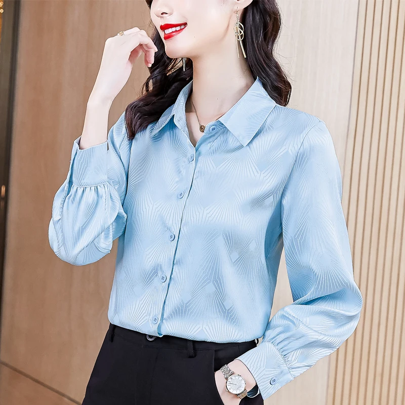

Шелковые атласные свободные женские рубашки, повседневные блузки с длинным рукавом, новинка, модный топ-поло с принтом, женская одежда в Кор...